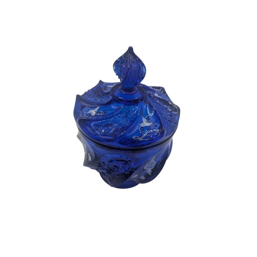 Fenton Glass HP Artist Signed Cobalt Blue Paisley Swirl Candy Jar & Lid - Picture 16 of 16